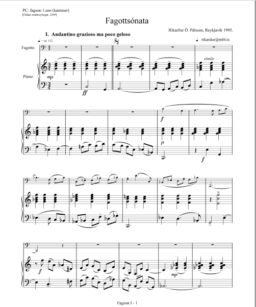 Sample page of Bassoon Sonata by Ríkarður Örn Pálsson